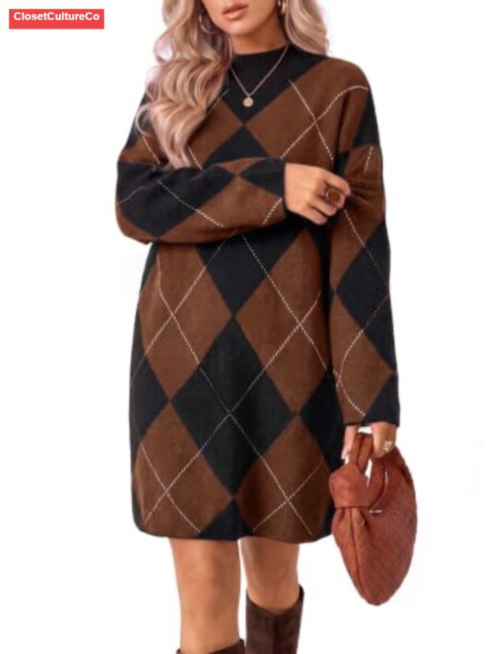 Womens Oversized Argyle Sweater Dress Long Sleeve Mock Neck Knit
